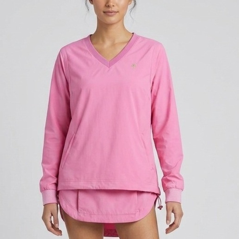 Vtg Lilly Pulitzer Pink V-Neck Windbreaker Pullover Palm Tree Logo Womens Large